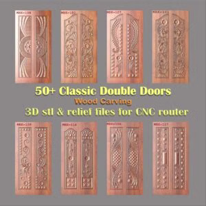 Classic Double Door Designs featuring intricate relief carving of peacocks, floral vines, and 3D texture pattern door panel motifs. This 3D CNC door design set includes nature-inspired elements like birds and flowers for luxury woodworking. High-quality files are available for instant STL file download.