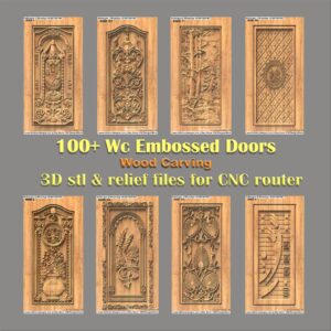 Ornate Carved Wood Door Panels. This 3D CNC door design set features relief carving of deities, peacocks, a Kalash, lotus flowers, and vines. Including a 3D texture pattern door panel and forest scenes with deer, these models are available for STL file download, ideal for high-end CNC router projects. Embossed Door