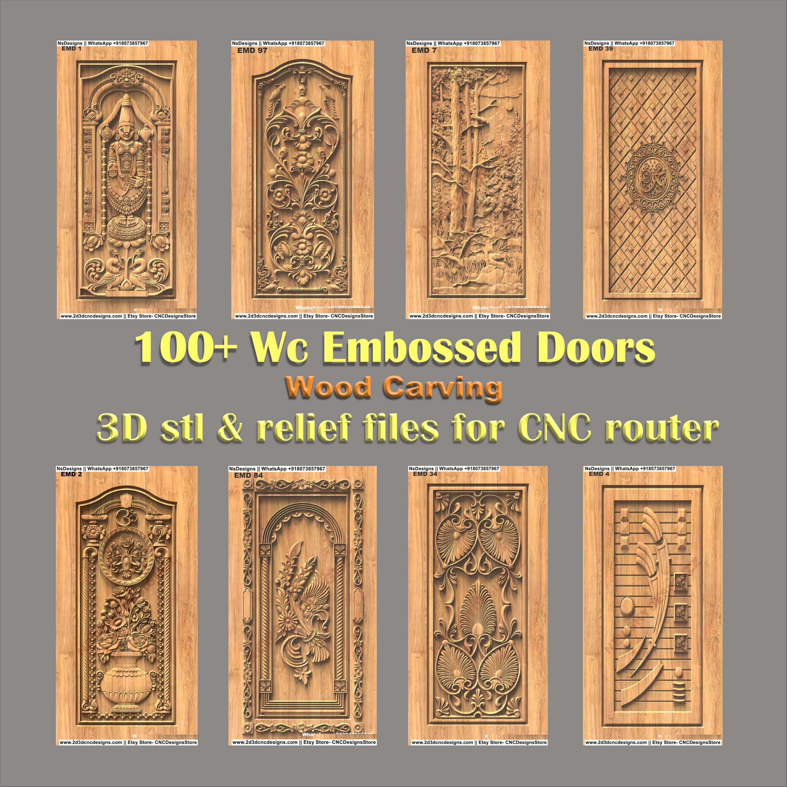 Ornate Carved Wood Door Panels. This 3D CNC door design set features relief carving of deities, peacocks, a Kalash, lotus flowers, and vines. Including a 3D texture pattern door panel and forest scenes with deer, these models are available for STL file download, ideal for high-end CNC router projects. Embossed Door