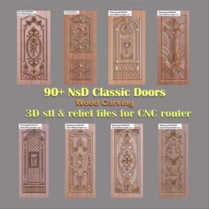 Intricate Wood Door Relief Collection. This premium 3D CNC door design set features floral motifs, vines, Kalash vases, and a Ganesh murti. Each relief carving displays detailed textures and elegant scrollwork. This high-quality set is available for STL file download, perfect for premium woodworking and architectural decoration. nsd classic door
