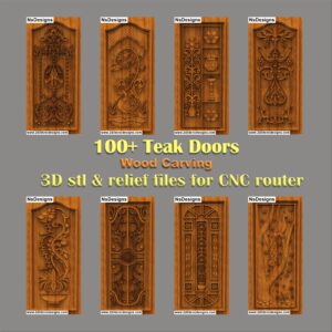 Teak Door Designs Intricate Carved. This collection of eight panels showcases peacocks, Kalash, birds, and lotus flowers entwined with floral vines. Each 3D CNC door design provides detailed relief carving for woodworking. High-quality files are available via STL file download for professional CNC router manufacturing projects.