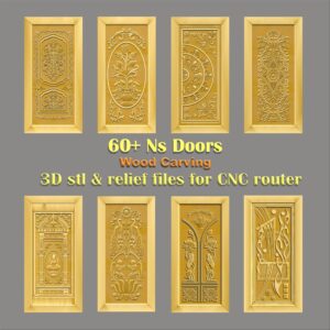 Ornate Relief Carved Door Designs showcasing diverse 3D CNC door design patterns. Elements include a deity murti in a temple arch, peacocks, lotus flowers, floral vases, and geometric vines. This relief carving collection is ideal as an STL file download for premium CNC router wood carving production. Ns Door