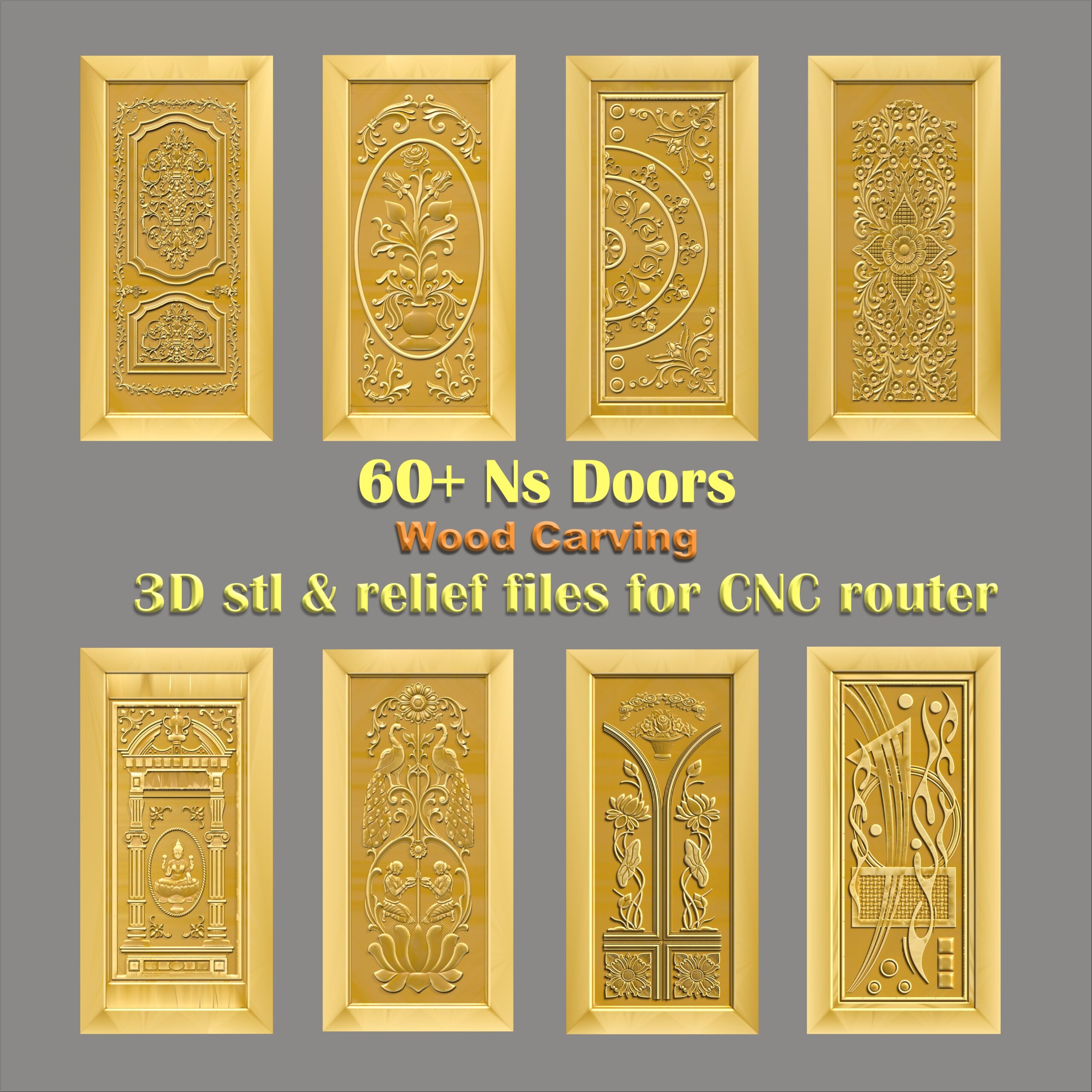 Ornate Relief Carved Door Designs showcasing diverse 3D CNC door design patterns. Elements include a deity murti in a temple arch, peacocks, lotus flowers, floral vases, and geometric vines. This relief carving collection is ideal as an STL file download for premium CNC router wood carving production. Ns Door