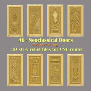 Neo Classical Door Wood Carving. Collection of eight gold panels featuring relief carving of grapevines, floral medallions, and a 3D texture pattern door panel. This 3D CNC door design set is optimized for furniture. Each STL file download provides intricate details for CNC router machines and luxury woodworking.