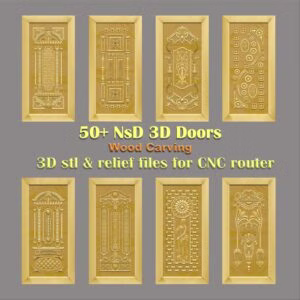 Ornate 3D CNC Door Designs. Eight intricate panels featuring architectural pillars, floral relief carving with vines, geometric patterns, a female figure, and decorative lanterns. This premium 3D CNC door design collection is optimized for wood carving and available as an STL file download for use with CNC routers. NsD 3D Door