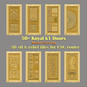 Ornate Carved Door Designs featuring a Ganesh murti, peacocks, Kalash, and floral vines. Includes a 3D texture pattern door panel with geometric motifs. This collection provides high-detail relief carving for any 3D CNC door design, available as a professional STL file download. Royal 1 Door