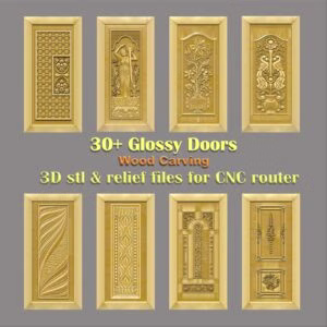 Ornate 3D CNC Door Models featuring a goddess on a lotus, peacocks, vines, and floral kalash. Includes 3D texture pattern door panel options for relief carving. This 3D CNC door design bundle is ready for STL file download, perfect for premium architectural woodworking projects. Glossy Door