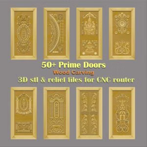 Ornate 3D Relief Door Collection featuring Lord Ganesh, Kalash, lotus flowers, and Christian motifs like a dove and cross. This 3D CNC door design set offers intricate relief carving ranging from religious murti to 3D texture pattern door panel styles, perfect for professional projects and STL file download. Prime Door