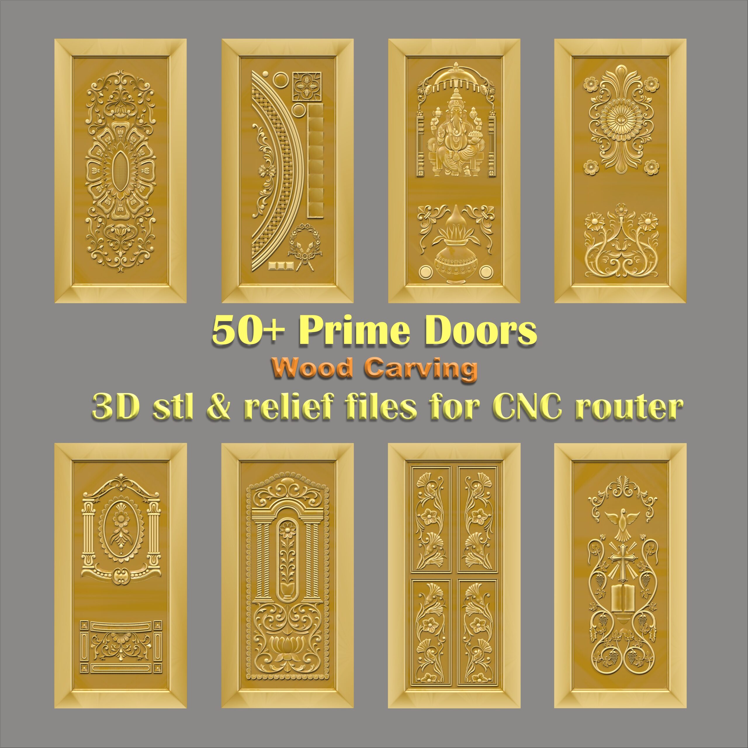 Ornate 3D Relief Door Collection featuring Lord Ganesh, Kalash, lotus flowers, and Christian motifs like a dove and cross. This 3D CNC door design set offers intricate relief carving ranging from religious murti to 3D texture pattern door panel styles, perfect for professional projects and STL file download. Prime Door