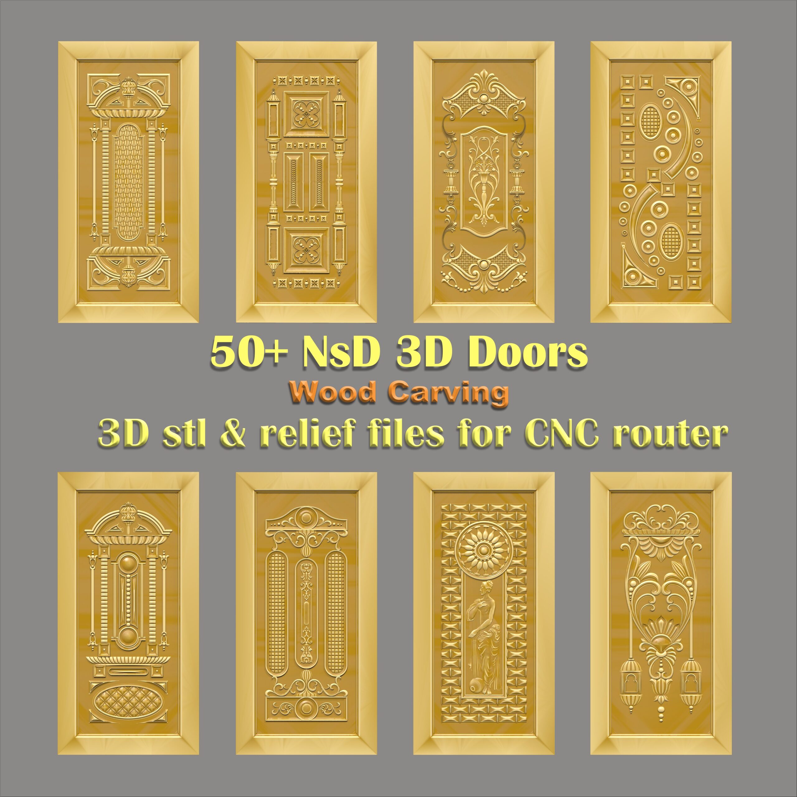Ornate 3D CNC Door Designs. Eight intricate panels featuring architectural pillars, floral relief carving with vines, geometric patterns, a female figure, and decorative lanterns. This premium 3D CNC door design collection is optimized for wood carving and available as an STL file download for use with CNC routers. NsD 3D Door